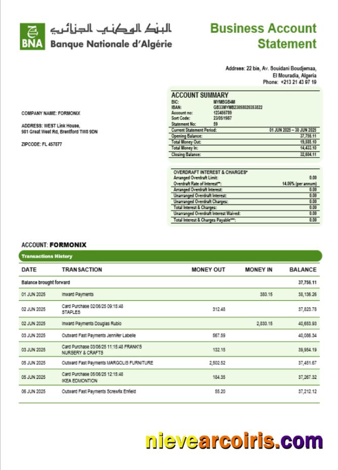 Banque nationale d’Algérie (BNA) enterprise account statement